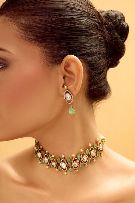Buy_Nazaakat By Samara Singh_Mint Stones Brass Necklace And Earring Set 