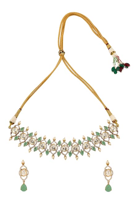 Shop_Nazaakat By Samara Singh_Mint Stones Brass Necklace And Earring Set _at_Aza_Fashions