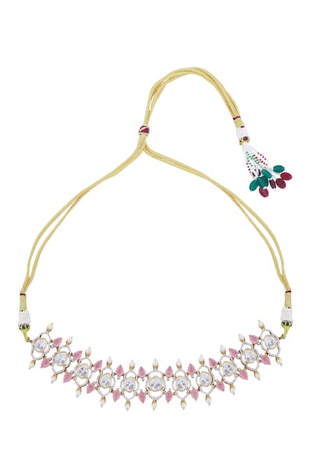 Buy_Nazaakat By Samara Singh_Pink Stones Brass Necklace And Earring Set _Online_at_Aza_Fashions
