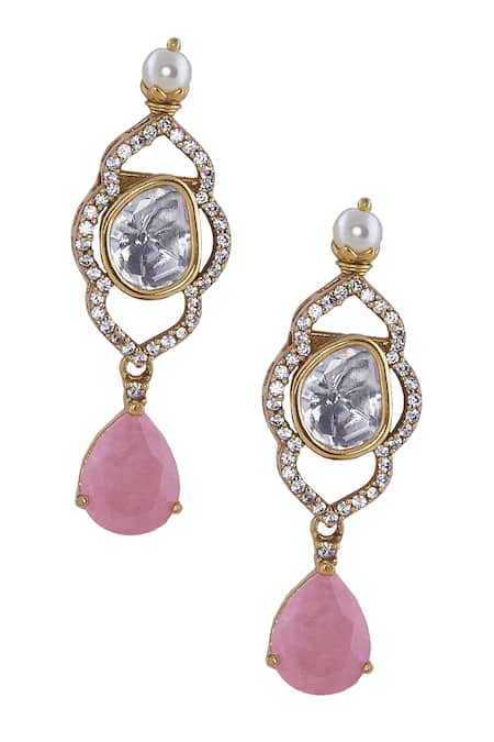 Shop_Nazaakat By Samara Singh_Pink Stones Brass Necklace And Earring Set _Online_at_Aza_Fashions