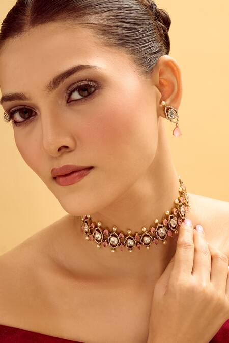 Nazaakat By Samara Singh_Pink Stones Brass Necklace And Earring Set _at_Aza_Fashions
