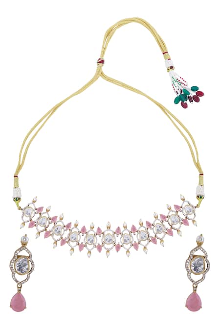 Shop_Nazaakat By Samara Singh_Pink Stones Brass Necklace And Earring Set _at_Aza_Fashions