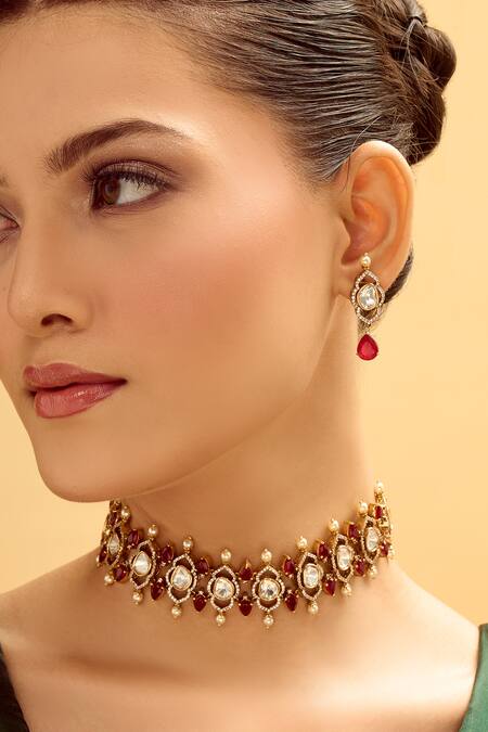 Buy_Nazaakat By Samara Singh_Red Brass Necklace And Earring Set 