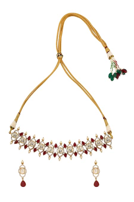 Shop_Nazaakat By Samara Singh_Red Brass Necklace And Earring Set _at_Aza_Fashions