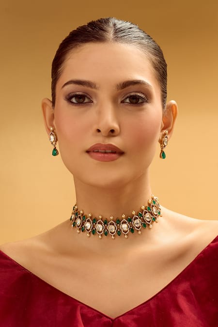 Nazaakat By Samara Singh Green Stones Brass Necklace And Earring Set at Aza Fashions Nazaakat By Samara Singh_Green Stones Brass Necklace And Earring Set _at_Aza_Fashions