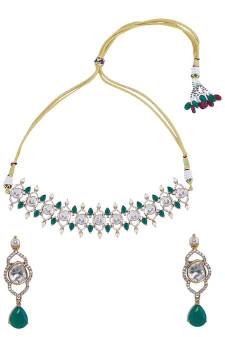 Shop Nazaakat By Samara Singh Green Stones Brass Necklace And Earring Set at Aza Fashions Shop_Nazaakat By Samara Singh_Green Stones Brass Necklace And Earring Set _at_Aza_Fashions