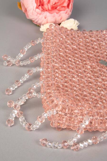 Buy_Tussya_Pink Crystals, Fringe Heart Shaped Handbag_Online_at_Aza_Fashions
