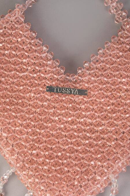 Tussya_Pink Crystals, Fringe Heart Shaped Handbag_at_Aza_Fashions