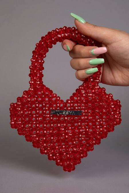 Tussya_Red Crystals Heart Shaped Mini Bag_Online_at_Aza_Fashions
