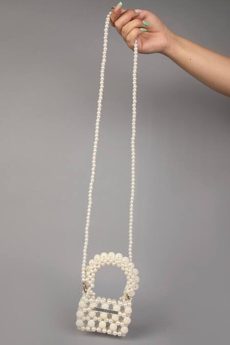 Tussya White Beads Halo Pearl Mini Bag Online at Aza Fashions Tussya_White Beads Halo Pearl Mini Bag_Online_at_Aza_Fashions