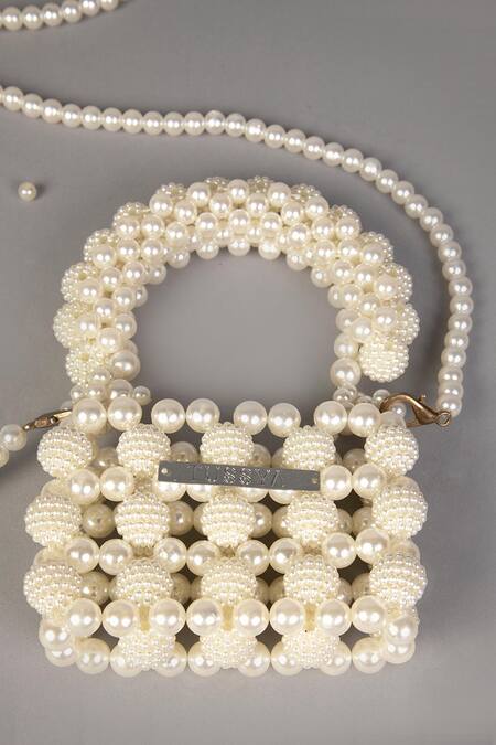 Buy Tussya White Beads Halo Pearl Mini Bag Online at Aza Fashions Buy_Tussya_White Beads Halo Pearl Mini Bag_Online_at_Aza_Fashions
