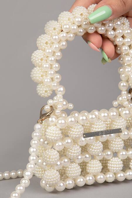 Tussya White Beads Halo Pearl Mini Bag at Aza Fashions Tussya_White Beads Halo Pearl Mini Bag_at_Aza_Fashions