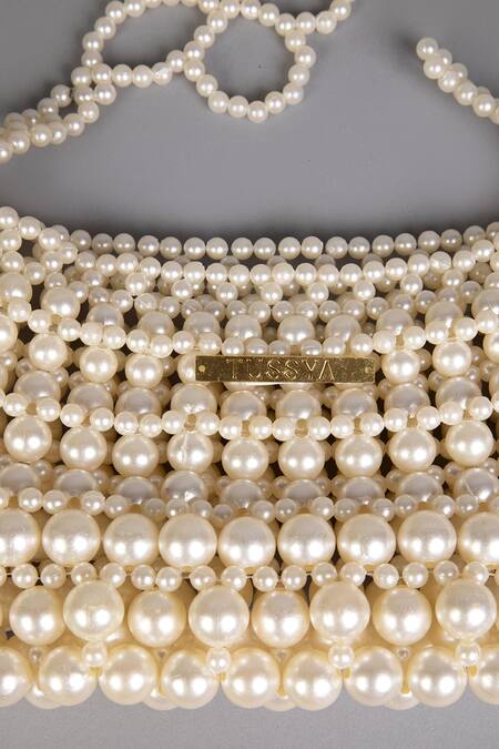 Shop_Tussya_White Pearls Curved Handbag With Detachable Sling