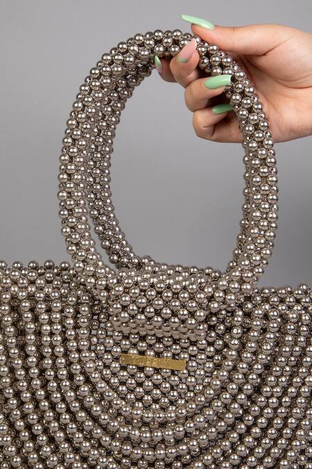 Tussya Gray Beads Metallic Pearl Handbag Online at Aza Fashions Tussya_Gray Beads Metallic Pearl Handbag_Online_at_Aza_Fashions