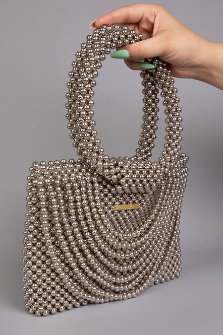 Buy Tussya Gray Beads Metallic Pearl Handbag Online at Aza Fashions Buy_Tussya_Gray Beads Metallic Pearl Handbag_Online_at_Aza_Fashions