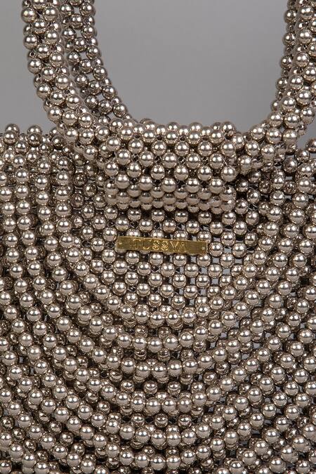 Shop Tussya Gray Beads Metallic Pearl Handbag Online at Aza Fashions Shop_Tussya_Gray Beads Metallic Pearl Handbag_Online_at_Aza_Fashions