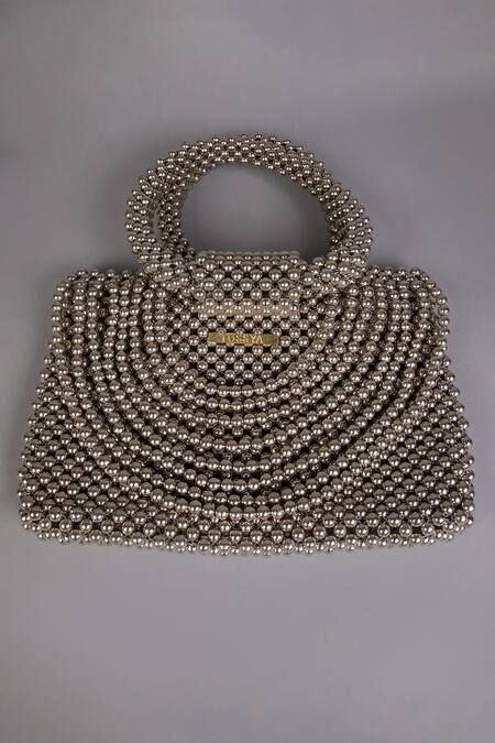 Shop Tussya Gray Beads Metallic Pearl Handbag at Aza Fashions Shop_Tussya_Gray Beads Metallic Pearl Handbag_at_Aza_Fashions