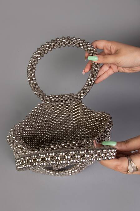Tussya Gray Beads Metallic Pearl Handbag at Aza Fashions Tussya_Gray Beads Metallic Pearl Handbag_at_Aza_Fashions