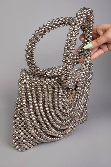 Shop Tussya Gray Beads Metallic Pearl Handbag Shop_Tussya_Gray Beads Metallic Pearl Handbag