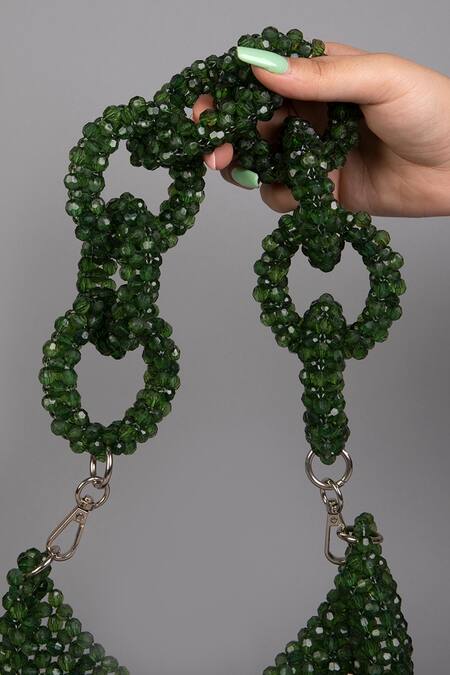 Tussya_Green Crystals Geometric Acrylic Handbag With Belt_Online_at_Aza_Fashions