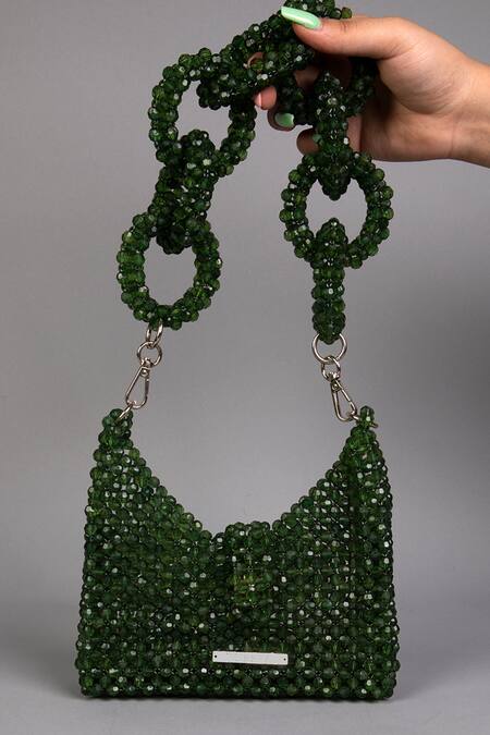 Tussya_Green Crystals Geometric Acrylic Handbag With Belt_at_Aza_Fashions