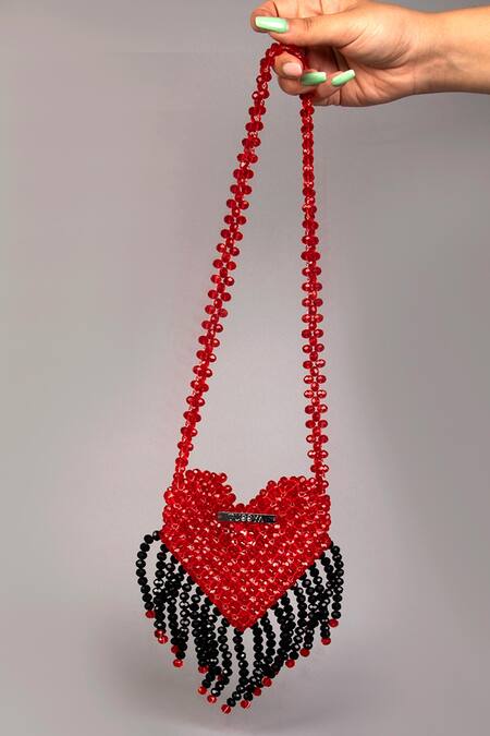 Tussya_Red Crystals Heart-shaped Mini Bag_Online_at_Aza_Fashions