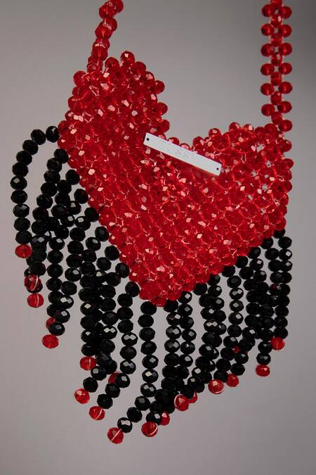 Buy_Tussya_Red Crystals Heart-shaped Mini Bag_Online_at_Aza_Fashions