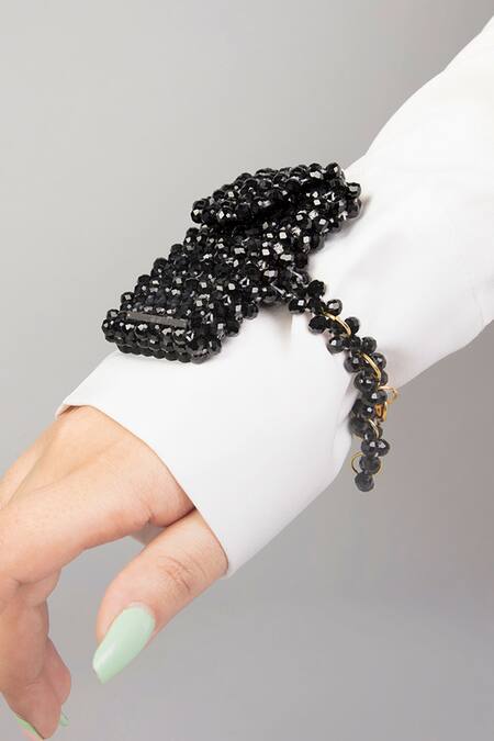 Shop Tussya Black Crystals Noir Wrist Charm With Detachable Belt at Aza Fashions Shop_Tussya_Black Crystals Noir Wrist Charm With Detachable Belt_at_Aza_Fashions