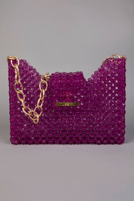Tussya_Purple Crystals Geometric Handbag With Sling_Online_at_Aza_Fashions