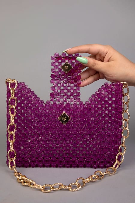 Tussya_Purple Crystals Geometric Handbag With Sling_at_Aza_Fashions