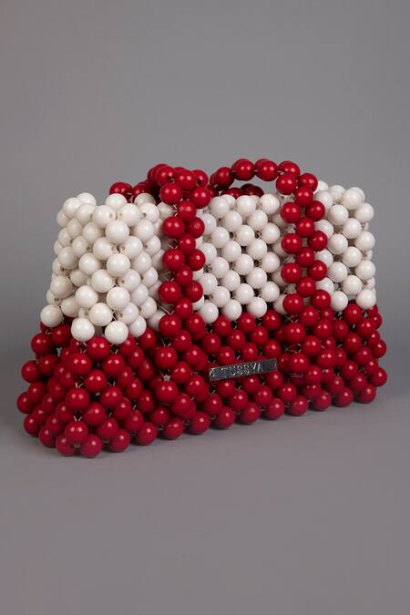 Tussya_Red Beads Cherry Ivory Handbag_Online_at_Aza_Fashions