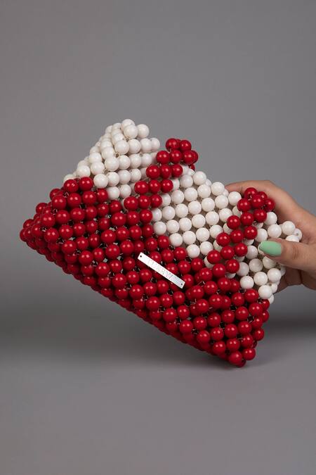 Shop_Tussya_Red Beads Cherry Ivory Handbag_Online_at_Aza_Fashions
