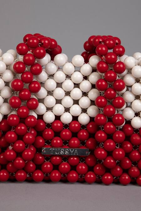 Tussya_Red Beads Cherry Ivory Handbag_at_Aza_Fashions