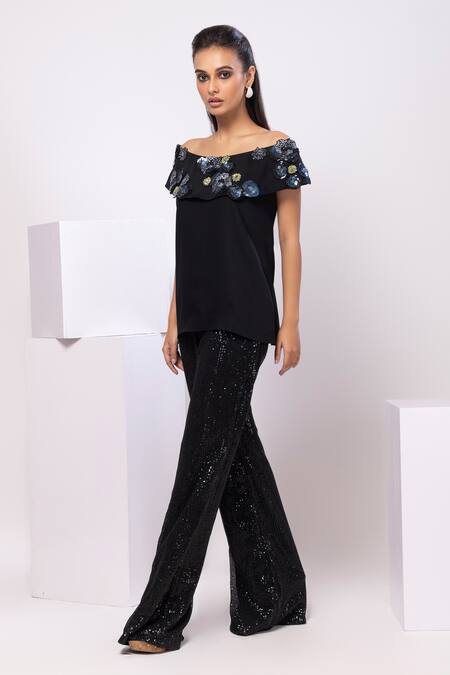 Smriti By Anju Agarwal Black Applique, Sequins Off-shoulder Floral Pant Set Online at Aza Fashions Smriti By Anju Agarwal_Black Applique, Sequins Off-shoulder Floral Pant Set _Online_at_Aza_Fashions