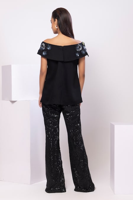 Shop Smriti By Anju Agarwal Black Applique, Sequins Off-shoulder Floral Pant Set at Aza Fashions Shop_Smriti By Anju Agarwal_Black Applique, Sequins Off-shoulder Floral Pant Set _at_Aza_Fashions