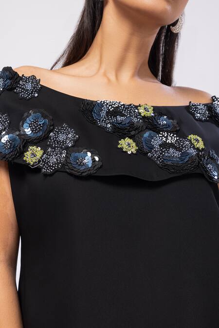 Shop Smriti By Anju Agarwal Black Applique, Sequins Off-shoulder Floral Pant Set Online at Aza Fashions Shop_Smriti By Anju Agarwal_Black Applique, Sequins Off-shoulder Floral Pant Set _Online_at_Aza_Fashions