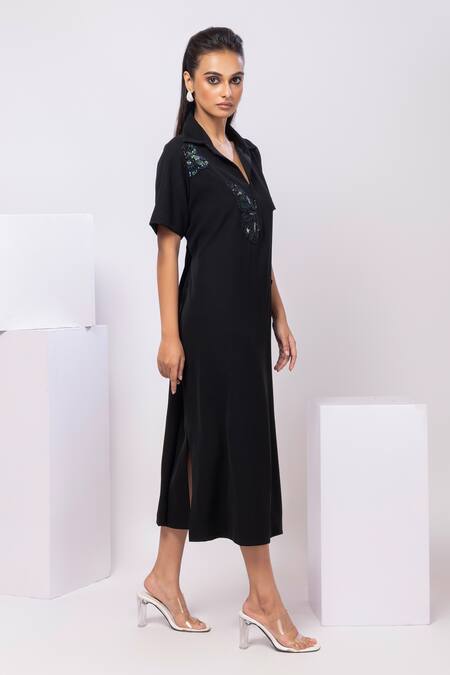 Smriti By Anju Agarwal Black Sequins Polo Collar Midi Dress With Butterfly Embellishments Online at Aza Fashions Smriti By Anju Agarwal_Black Sequins Polo Collar Midi Dress With Butterfly Embellishments _Online_at_Aza_Fashions