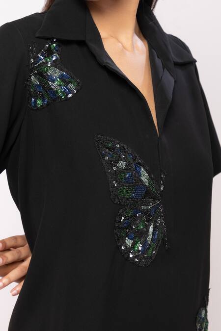 Buy Smriti By Anju Agarwal Black Sequins Polo Collar Midi Dress With Butterfly Embellishments Online at Aza Fashions Buy_Smriti By Anju Agarwal_Black Sequins Polo Collar Midi Dress With Butterfly Embellishments _Online_at_Aza_Fashions