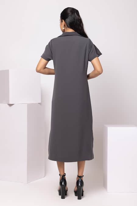 Shop Smriti By Anju Agarwal Gray Embroidery Polo Collar Charcoal Bloom Dress at Aza Fashions Shop_Smriti By Anju Agarwal_Gray Embroidery Polo Collar Charcoal Bloom Dress _at_Aza_Fashions