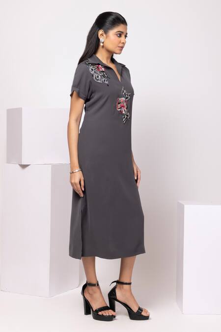 Smriti By Anju Agarwal Gray Embroidery Polo Collar Charcoal Bloom Dress Online at Aza Fashions Smriti By Anju Agarwal_Gray Embroidery Polo Collar Charcoal Bloom Dress _Online_at_Aza_Fashions
