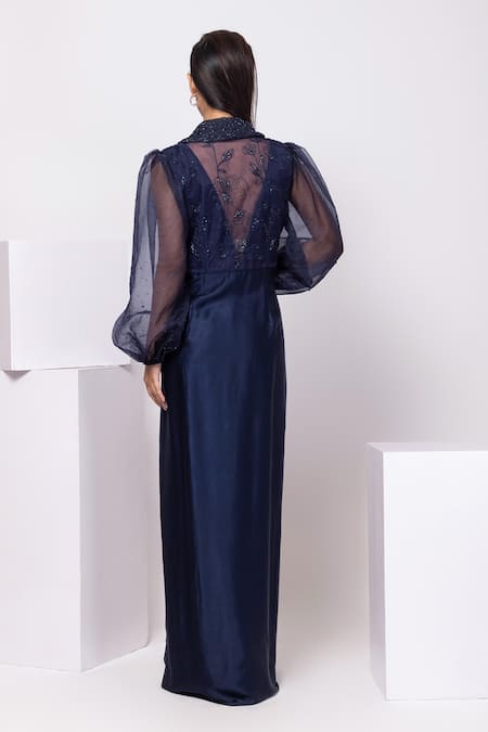 Shop Smriti By Anju Agarwal Navy Modal, Organza Sequins Collared Willow Maxi Dress at Aza Fashions Shop_Smriti By Anju Agarwal_Navy Modal, Organza Sequins Collared Willow Maxi Dress _at_Aza_Fashions