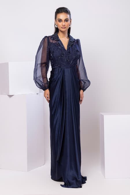 Smriti By Anju Agarwal Navy Modal, Organza Sequins Collared Willow Maxi Dress Online at Aza Fashions Smriti By Anju Agarwal_Navy Modal, Organza Sequins Collared Willow Maxi Dress _Online_at_Aza_Fashions