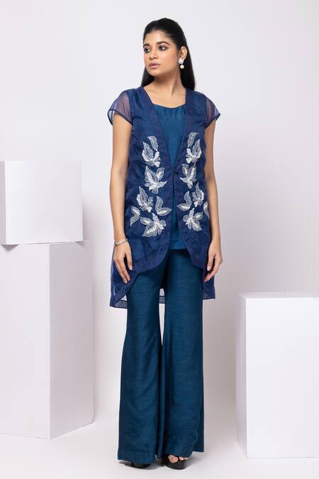 Smriti By Anju Agarwal Navy Silk Embroidery Round , Open Midnight Leaf Co-ord Set Online at Aza Fashions Smriti By Anju Agarwal_Navy Silk Embroidery Round , Open Midnight Leaf Co-ord Set _Online_at_Aza_Fashions
