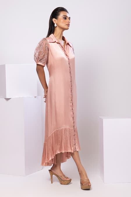 Smriti By Anju Agarwal_Pink Satin Embroidery Collared Rosewood Ruffle Midi Dress _Online_at_Aza_Fashions