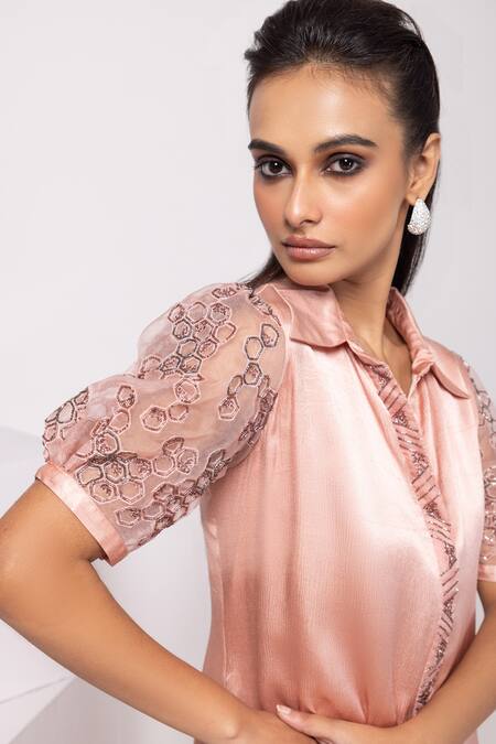 Buy_Smriti By Anju Agarwal_Pink Satin Embroidery Collared Rosewood Ruffle Midi Dress _Online_at_Aza_Fashions