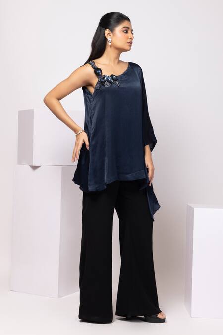 Smriti By Anju Agarwal_Navy Satin Embroidery One Shoulder Midnight Cascade Asymmetrical Set _Online_at_Aza_Fashions