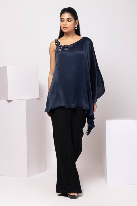 Buy_Smriti By Anju Agarwal_Navy Satin Embroidery One Shoulder Midnight Cascade Asymmetrical Set _Online_at_Aza_Fashions