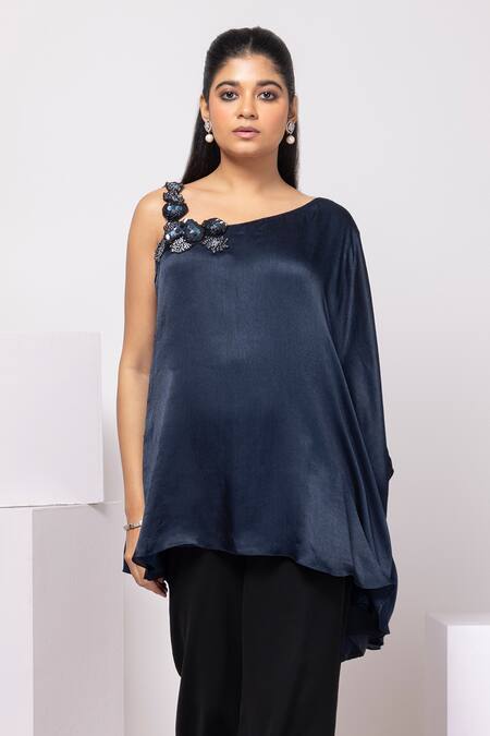 Shop_Smriti By Anju Agarwal_Navy Satin Embroidery One Shoulder Midnight Cascade Asymmetrical Set _Online_at_Aza_Fashions