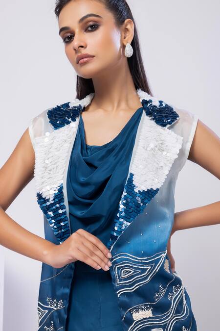 Smriti By Anju Agarwal Navy Satin, Organza, Crepe Sequins, Embroidery Round Neck, Ombre Jacket Set Online at Aza Fashions Smriti By Anju Agarwal_Navy Satin, Organza, Crepe Sequins, Embroidery Round Neck, Ombre Jacket Set _Online_at_Aza_Fashions