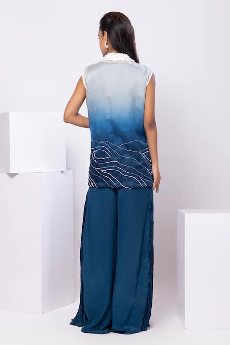 Shop Smriti By Anju Agarwal Navy Satin, Organza, Crepe Sequins, Embroidery Round Neck, Ombre Jacket Set at Aza Fashions Shop_Smriti By Anju Agarwal_Navy Satin, Organza, Crepe Sequins, Embroidery Round Neck, Ombre Jacket Set _at_Aza_Fashions